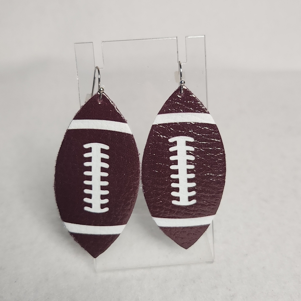 Vogue 21 Faux Leather Football Dangle Earrings Lightweight Brown And White